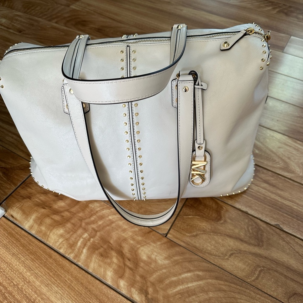 Michael Kors White and Gold Tote Bag with Structured Design